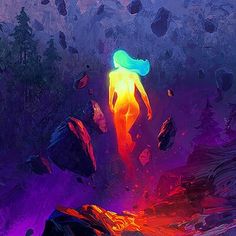 a painting of a person standing in the middle of a lava with bright colors on it