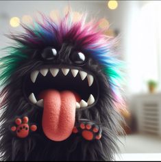 a furry monster with its tongue out and colorful hair on it's head is shown