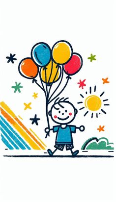 a drawing of a person holding balloons