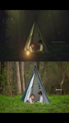 two children are sitting in a tent reading