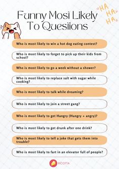 an info sheet with the words funny most likely to questions