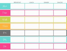 the printable meal planner is shown with different colors and words on it, as well as