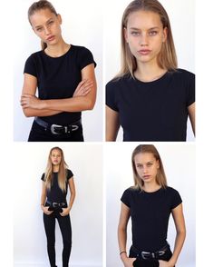 four different pictures of a woman with her arms crossed and looking at the camera while wearing black