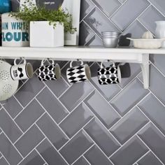 metro mid grey wall tiles with a bevelled edge Grey Kitchen Tiles, Topps Tiles, Metro Tiles, Herringbone Design, Tile Companies, Grey Tiles, Brick Tiles, Kitchen Wall Tiles, Up House