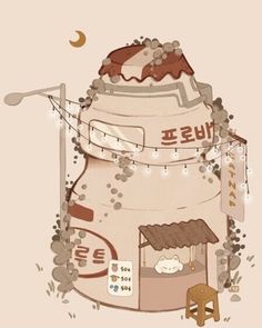 an illustration of a giant teapot in the shape of a house with lights strung from it's roof