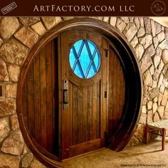 a wooden door with a round window in it