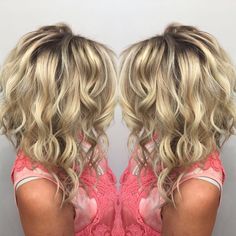 Blonde Curly Hair With Shadow Root, Spiral Perm Shoulder Length Hair, Shoulder Length Permed Hair Loose Waves, Blonde Curls Dark Roots, Wavy Perm Short Hair Beachy Waves, Angled Hair, Hair Affair