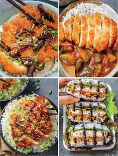 different pictures of food including chicken, rice and vegetables