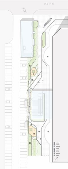 an architectural drawing shows the layout of a building and its surrounding area, with several different areas