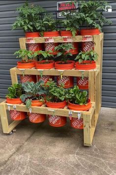 several potted plants are stacked up on a wooden shelf in front of a garage door