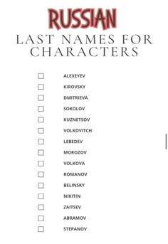 russian last names for characters list on a white background with red lettering and black letters