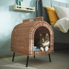 a cat sitting in a wicker dog house on top of a carpeted floor