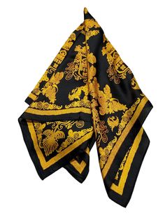 "\"The Tuscan Sun\"  in Black Background ... This beautifully detailed pattern of a splash of Gold in its deep black background as it displays the unknown seal shows its elegance and mysterious origin leaves us to wonder... yet, this a soft, light, and comforting fabric silk blended scarf. Layer on for a touch of flattering color in winter, or an easy coverup in summer. We chose subtle colors to be flattering and versatile, the softest, lightest silk to float around your neck or in the Jacket po Luxury Silk Handkerchiefs For Business, Silk Neck Scarf, Silk Bandana, Yellow Scarf, Head Wrap Scarf, Silky Scarf, Scarf Men, Head And Neck, Neck Scarves