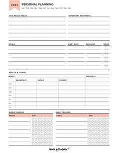 the printable personal planning sheet is shown in pink and white, with an orange border