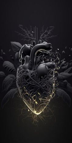 an artistic image of a human heart surrounded by plants and leaves on a black background