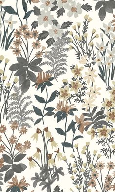 a floral wallpaper pattern with various flowers and leaves on white background in shades of grey, beige, yellow and brown