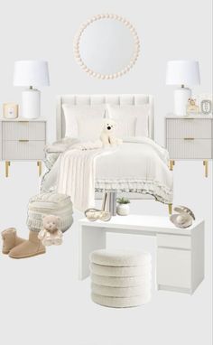 a bedroom with white furniture and accessories on the floor, along with a round mirror