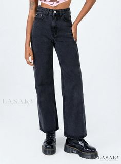 Lasaky - Glamorous Denim Pants Black Baggy Black Straight Jeans, Edgy Black Baggy Flare Jeans, Black Jeans For Streetwear, Edgy Black Flare Jeans With Pockets, Black Full Length Jeans For Streetwear, Black Flare Jeans For Fall Streetwear, Black Straight Leg Cargo Jeans, Black Relaxed Fit Flare Jeans With Pockets, Relaxed Fit Black Flare Jeans With Pockets