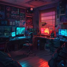 a room filled with lots of computer monitors and desks covered in neon colored lights