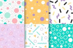 four different patterns in pastel colors with dots, circles and shapes that appear to be confetti