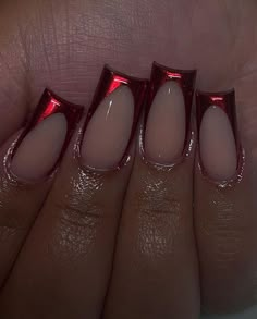 Dark Red Acrylic Nails Designs Ideas, Red Chrome Design Nails, Red Nail Designs With Initial, Burgundy Chrome French Tip Nails, Red And Metallic Nails, Dark Red Hoco Nails, Red Nails Prom Short, Red Deep French Tip Nails, Dark Red Chrome French Tip Nails