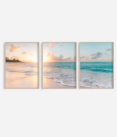 three pictures of the ocean and beach at sunset