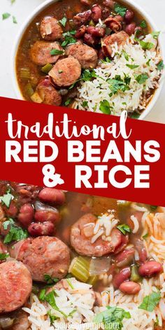 red beans and rice in a white bowl with the words traditional red beans and rice