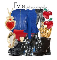 a fashion look from november 2012 featuring blue jacket, red apple and black boots