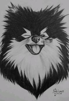 a black and white drawing of a dog's face with its mouth open, smiling