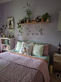 a bedroom with purple walls and lots of plants on the shelves above the headboard