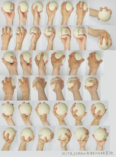 many images of hands holding dough balls in different positions and sizes, all with writing on them