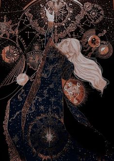 a drawing of a woman with long hair and stars in the sky above her head