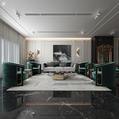 an elegant living room with marble floors and green velvet sofas on the coffee table