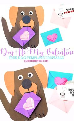 this is an image of a dog holding a paper heart and envelope with the text, free printable valentine's day card