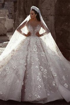 Luxurious Beading Floral Bridal Gowns Sheer Neck Long Sleevess Ball Gown Wedding Dresses-Ballbella A Wedding Dress, Gown Wedding, Ball Gown, Veil, A Wedding, Bridal Gowns, Wedding Dresses, Long Sleeves, Wedding Dress