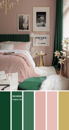 a bedroom with pink, green and gold colors in the color scheme for the walls