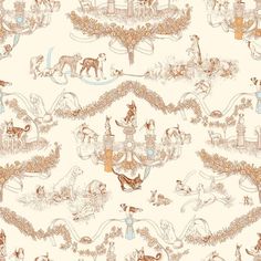 an image of a wallpaper pattern with animals and people on the road in it