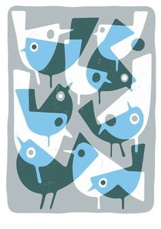 blue and green birds are in the middle of an abstract pattern on a gray background