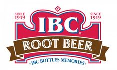 the ibc root beer logo is shown in red, white and blue with brown ribbon