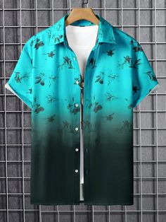 Multicolorido Boho Collar Manga Curta Tecido Degradê,Tropical,Plantas,Estampa total Camisa Embellished Elasticidade Baixa All Over Print Shirt, Tropical Plants, Print Shirt, Gradient Color, Short Sleeve Shirt, Printed Shirts, Sleeve Shirt