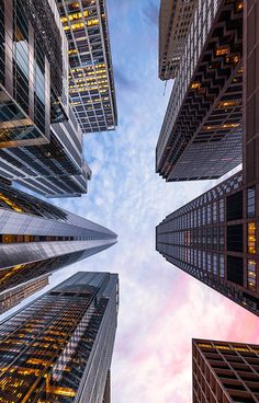 looking up at skyscrapers from the ground