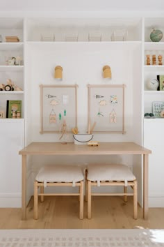 two white chairs sitting at a wooden table