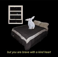 a white rabbit sitting on top of a bed next to a window with the words, but you are brave with a kind of heart