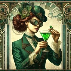 a painting of a woman in green holding a martini glass and looking at the camera