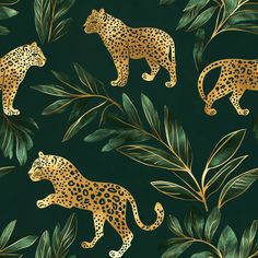 leopards and palm leaves on a dark green background