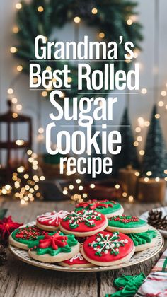 Plate of festive red and green iced sugar cookies on rustic table. Background features Christmas lights, wreath, and text: "Grandma's Best Rolled Sugar Cookie Recipe." Holiday Baked Goods, Baked Goods Recipes, Rolled Sugar Cookie Recipe, Rolled Sugar Cookies, Frugal Mom, Sugar Cookie Recipe, Holiday Goodies, Fun Baking Recipes, Sugar Cookies Recipe