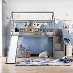 a child's bedroom with a bunk bed and slide