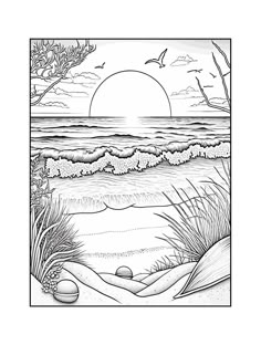 a coloring book page with an ocean scene and birds flying over the water at sunset