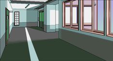 an empty room with several windows and two doors on either side of the door is a hallway