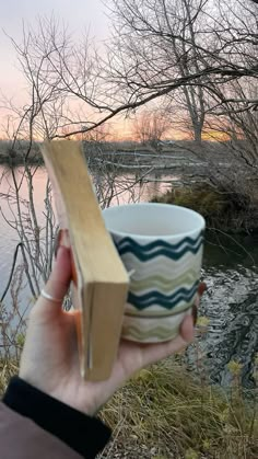 a person holding a cup in front of a body of water with trees around it